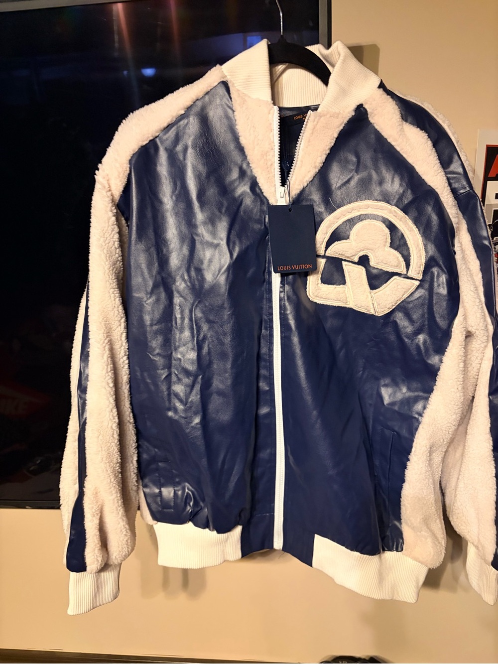 Louis Vuitton Blue & Cream Shearling-Trim Bomber
